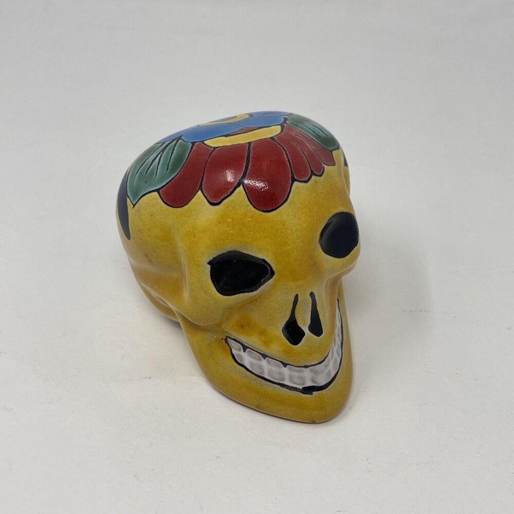 Talavera Mexican Pottery Skull Yellow Floral Dia De Los Muertos 3.5"